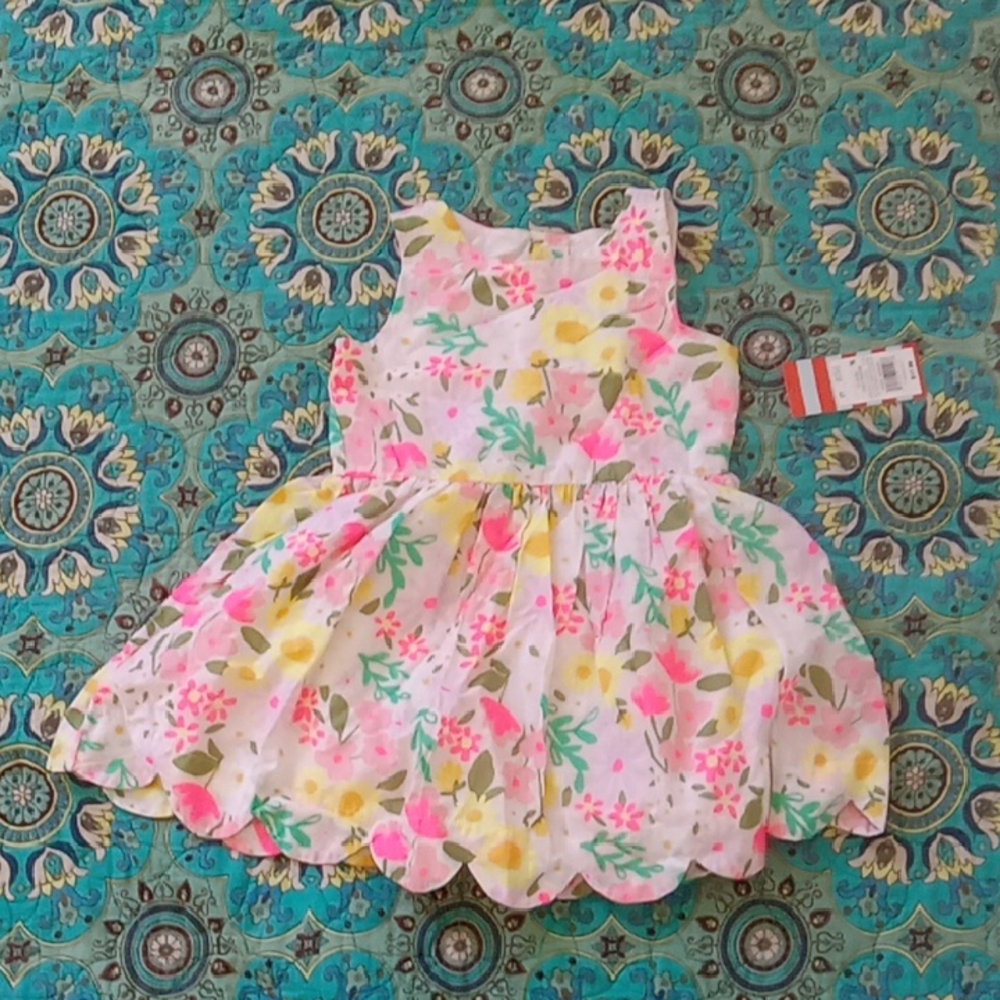 Cat & Jack White Floral Scallop Hem Dress with Pink, Yellow & Green Accents